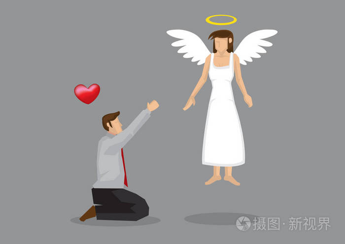 插画 卡通人跪在地上,用翅膀和光环向女神乞求爱.
