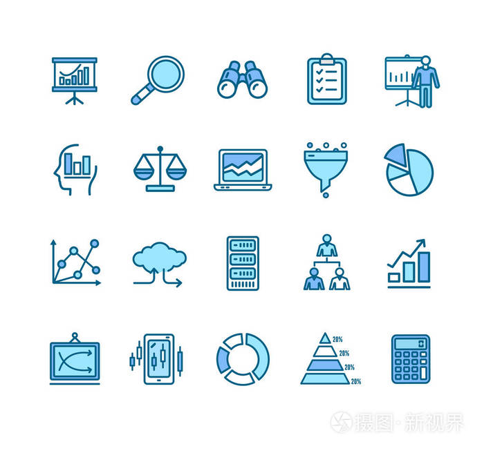 数据分析统计标志颜色细线图标集向量