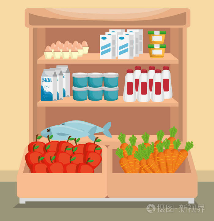 超市货架与产品矢量插图设计插画-正版商用图片1s3ujp-摄图新视界