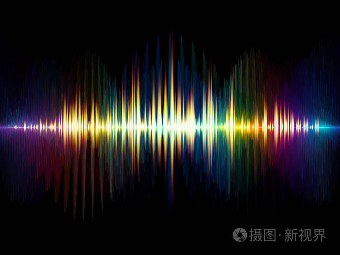 彩色正弦振动,光和分形元素的抽象排列作为均衡器,音乐谱和量子概率