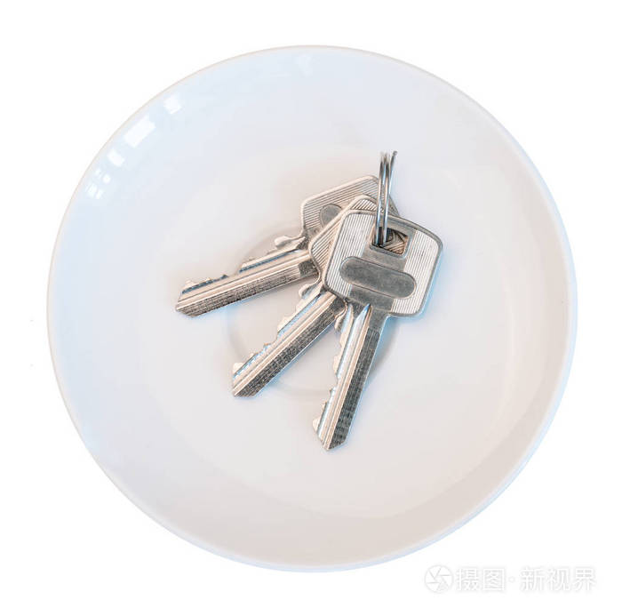 白色碟片白色背景上的一串钥匙
