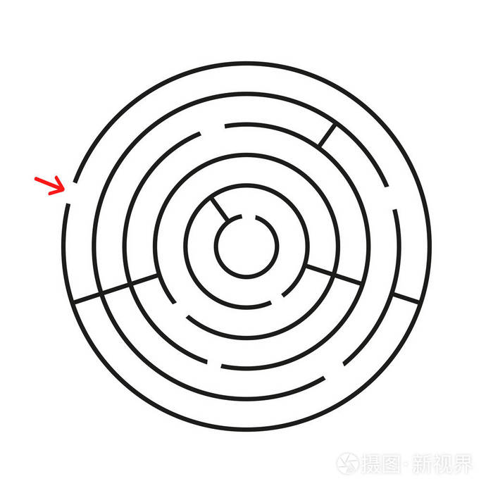 圆形迷宫有入口和出口一个有趣的儿童和成人游戏简单的平面矢量插图