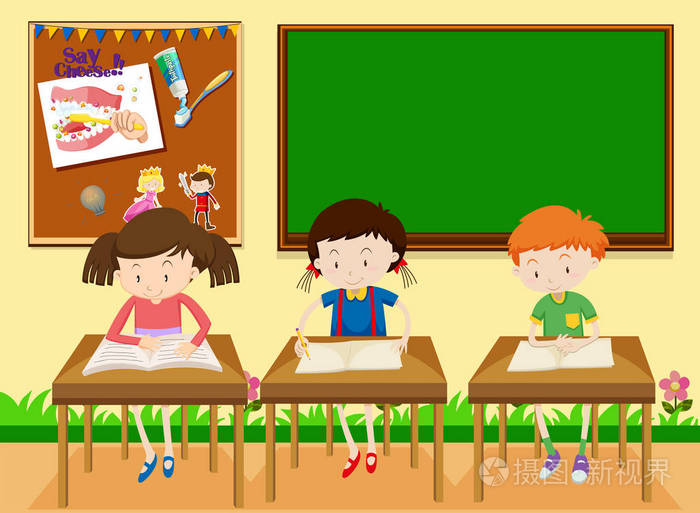 在课堂插图中学习的学生