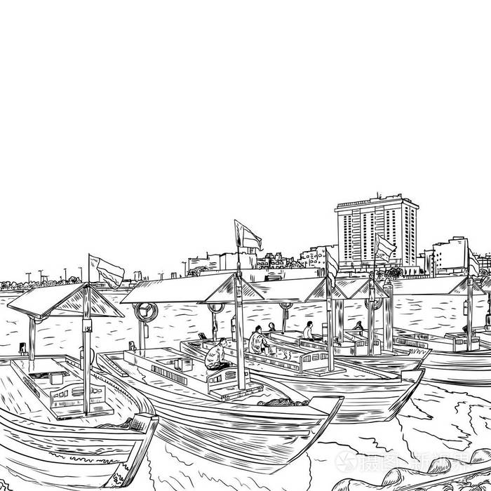 手绘素描. 迪拉地区传统水上出租车码头. 著名的旅游目的地. 矢量.