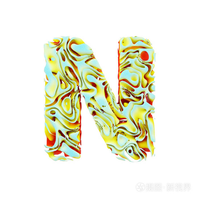 字母n 大写.液体动态字体由橙色, 蓝色和黄色墨水在水中.