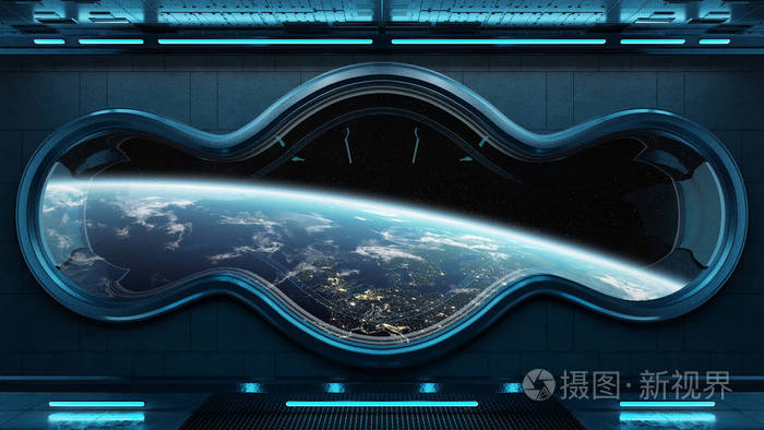 黑色技术宇宙飞船,圆窗内部,查看地球,三维渲染元素,这一图像提供的