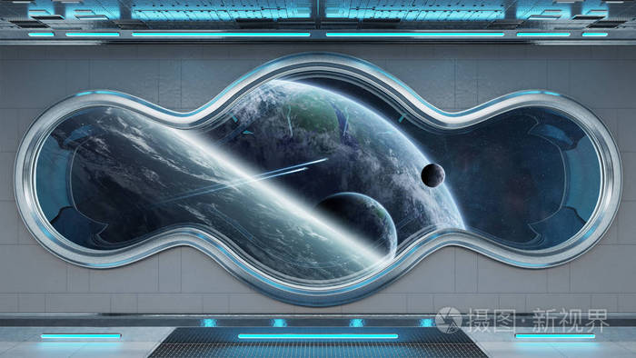 白色科技宇宙飞船圆窗内部可看到遥远行星系统3d渲染元素这幅图像由