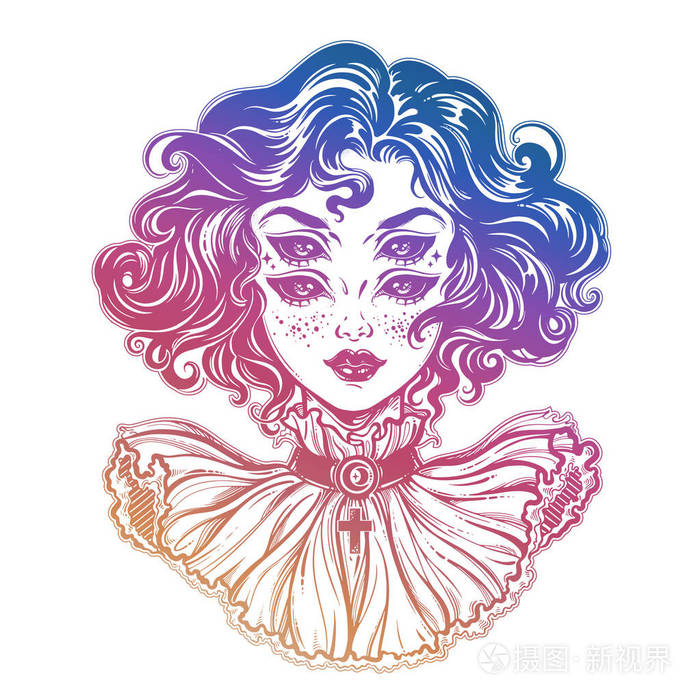 哥特式女巫女头像卷发和四眼
