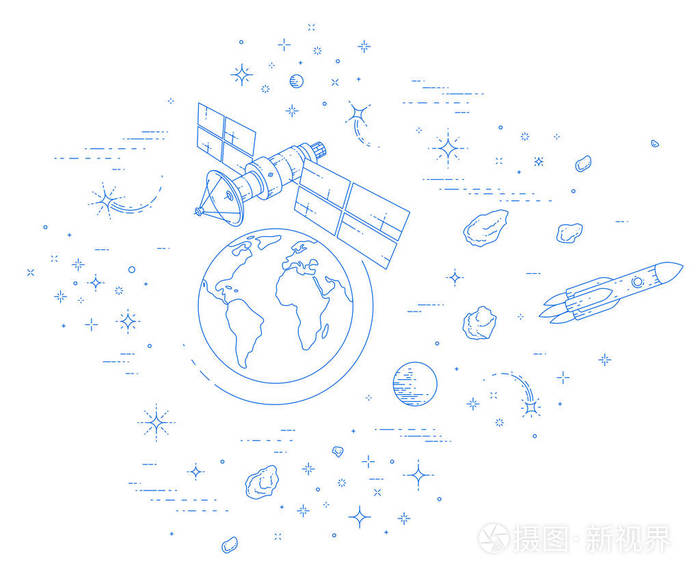 卫星飞行轨道飞行围绕地球通信技术航天器空间站与太阳能电池板和卫星
