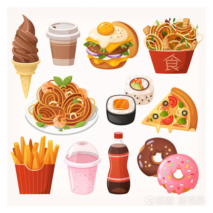 不健康的垃圾食品图标. 孤立的矢量插图.
