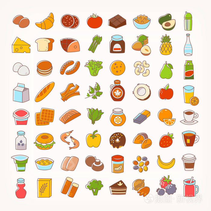 一套五颜六色的线条笔画图标的食物组和商品.