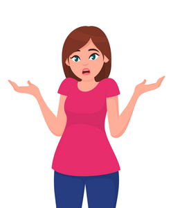 年轻的女人摊开她的手和耸肩 我不知道 哎呀 对不起!