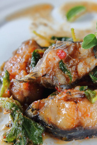 泰国风味辣炒鲶鱼和罗勒食物图片