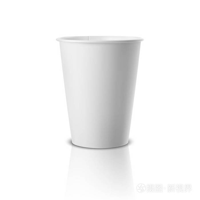 矢量逼真的3d 白纸一次性杯子图标, 反射在白色背景下