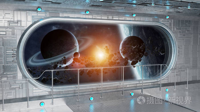 白色科技宇宙飞船圆窗内部可看到遥远行星系统3d渲染元素这幅图像由