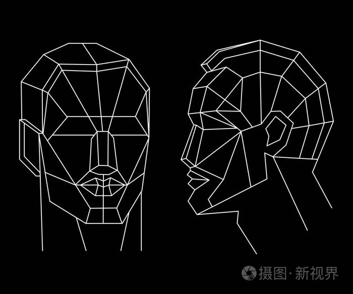 多边形人脸. 白色背景上线条艺术风格中的孤立物体.
