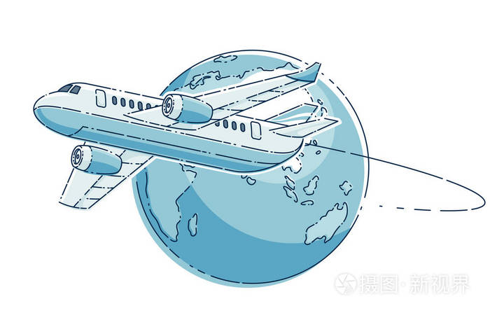 带有地球行星航空公司航空旅行标志或插图的飞机客机.