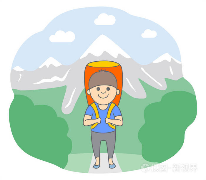 一个友好的年轻人带着大背包去爬山.线条样式的孤立矢量插图.