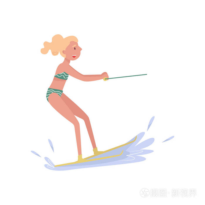 女子骑滑水 极限水运动卡通矢量插图白色背景