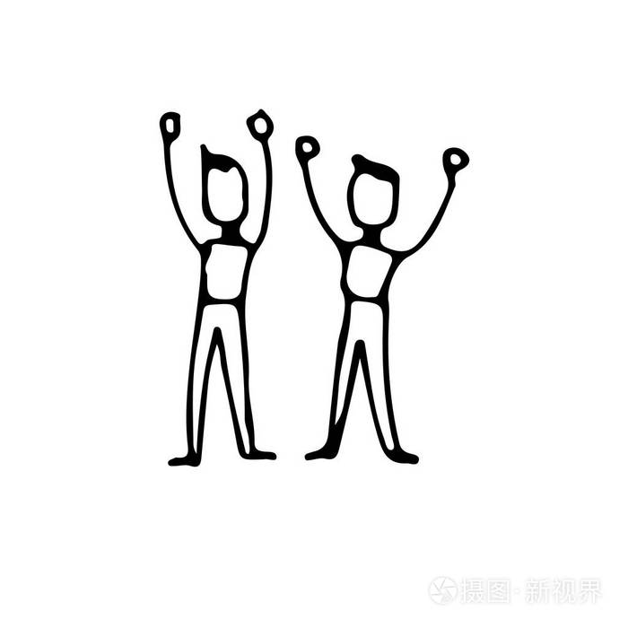 两个人举起双手,用胜利的手画涂鸦线,艺术矢量草图,白色背景图