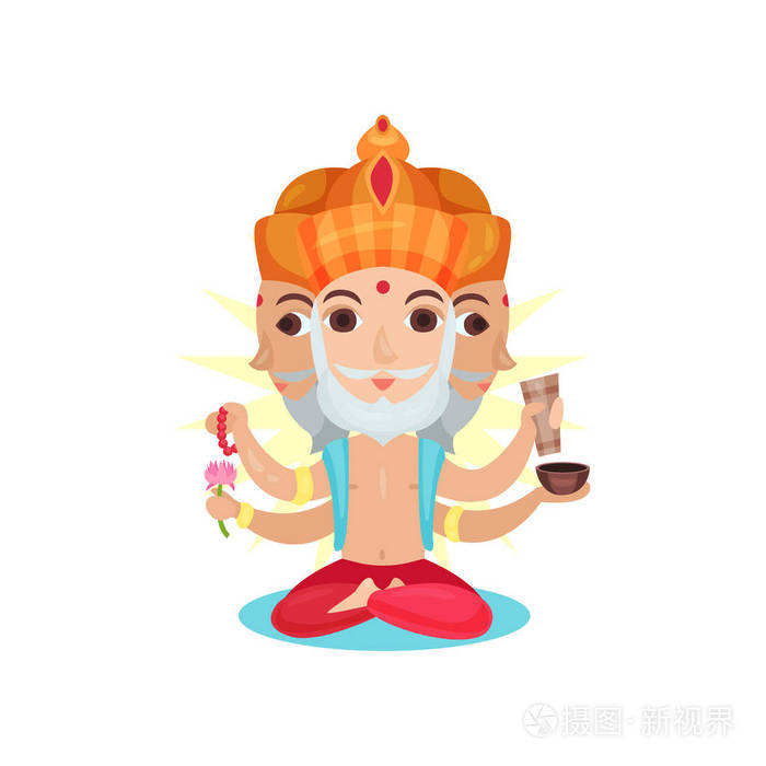 梵天印第安许多面对上帝, 伟大的上帝创造卡通矢量插图白色背景