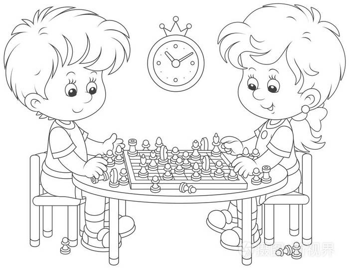 儿童下棋,黑白矢量插图卡通风格