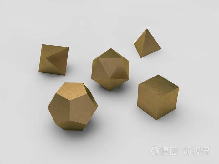 几何形状八面体正四面体正六面体十二面体正二十面体的金集白底隔离.