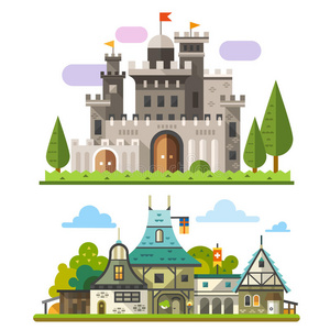 森林 历史的 医学 要素 历史 幻想 颜色 房子 城堡 插图