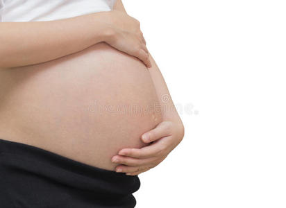 孕妇的腹部，在白色背景下孤立