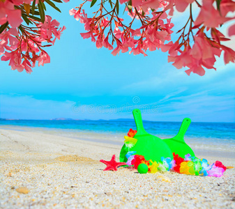 海滩球拍在粉红色的花下