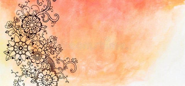 抽象的花涂鸦边界与华丽的卷发和叶子在橙色粉红色水彩纸