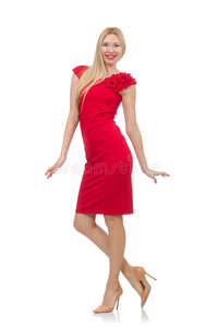 穿着绯红色连衣裙的金发女人被隔离在白色的身上