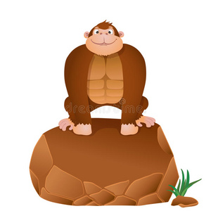 坐在石头上的卡通大猩猩。 矢量