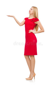 穿着绯红色连衣裙的金发女人被隔离在白色的身上
