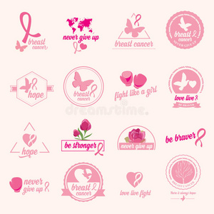 乳腺癌一套贴纸。 粉红色丝带，图标设计。