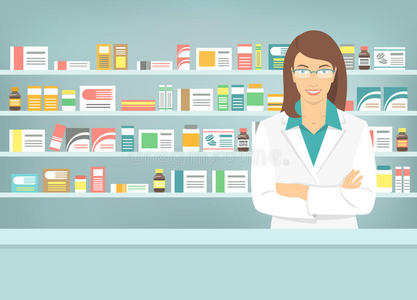平面风格的年轻药剂师在药房对面的药品货架