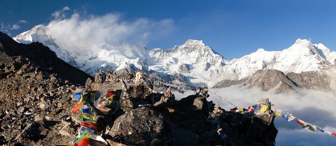 自然 地区 佛教 珠穆朗玛峰 营地 佛教徒 旗帜 风景 全景图