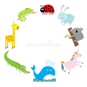 可爱的动物框架。 婴儿背景。 瓢虫，考拉，鲸鱼，鳄鱼，长颈鹿和鬣蜥。 平面设计