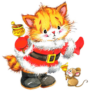 可爱的猫。 水彩有趣的猫和圣诞节背景与冬季装饰。 水彩画