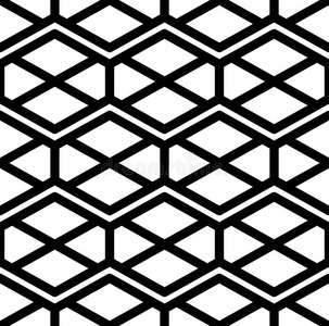 黑白抽象装饰几何无缝图案。 对称单色矢量纺织背景。 缠绕着菱形和