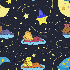 一个卡通插图无缝图案手绘一个微笑的月亮，星星和睡觉的孩子。 适合室内