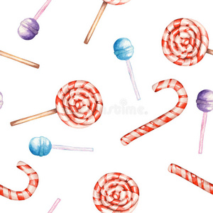 一种无缝的甜蜜图案与水彩棒棒糖和糖果手杖。 在白色背景上手绘