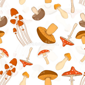 五颜六色的无缝图案背景与不同的蘑菇