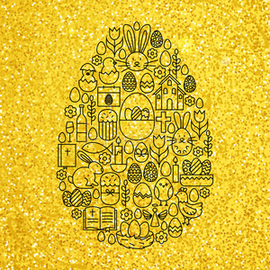 金色和黑色快乐复活节线图标设置鸡蛋形状