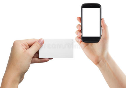 女性手拿着隔离屏幕的手机和白色背景上隔离的空白商务信用卡