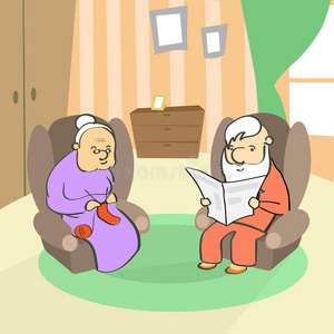 祖母 报纸 插图 卡通 人类 家庭 老年人 编织 年龄 扶手椅