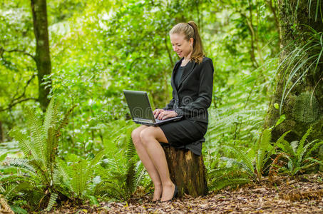 一位年轻的商业妇女在森林里用笔记本电脑工作