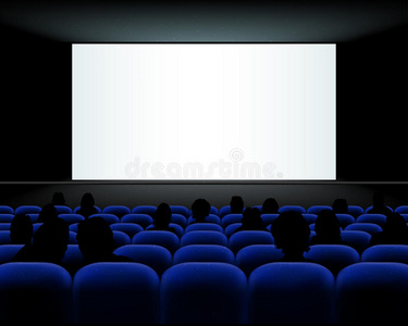 电影院礼堂有座位人民和空白屏幕
