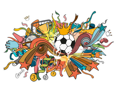 涂鸦彩色足球构图与运动对象和装饰元素