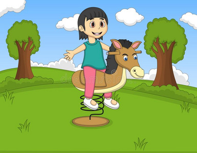 在公园卡通里玩摇摆马的女孩